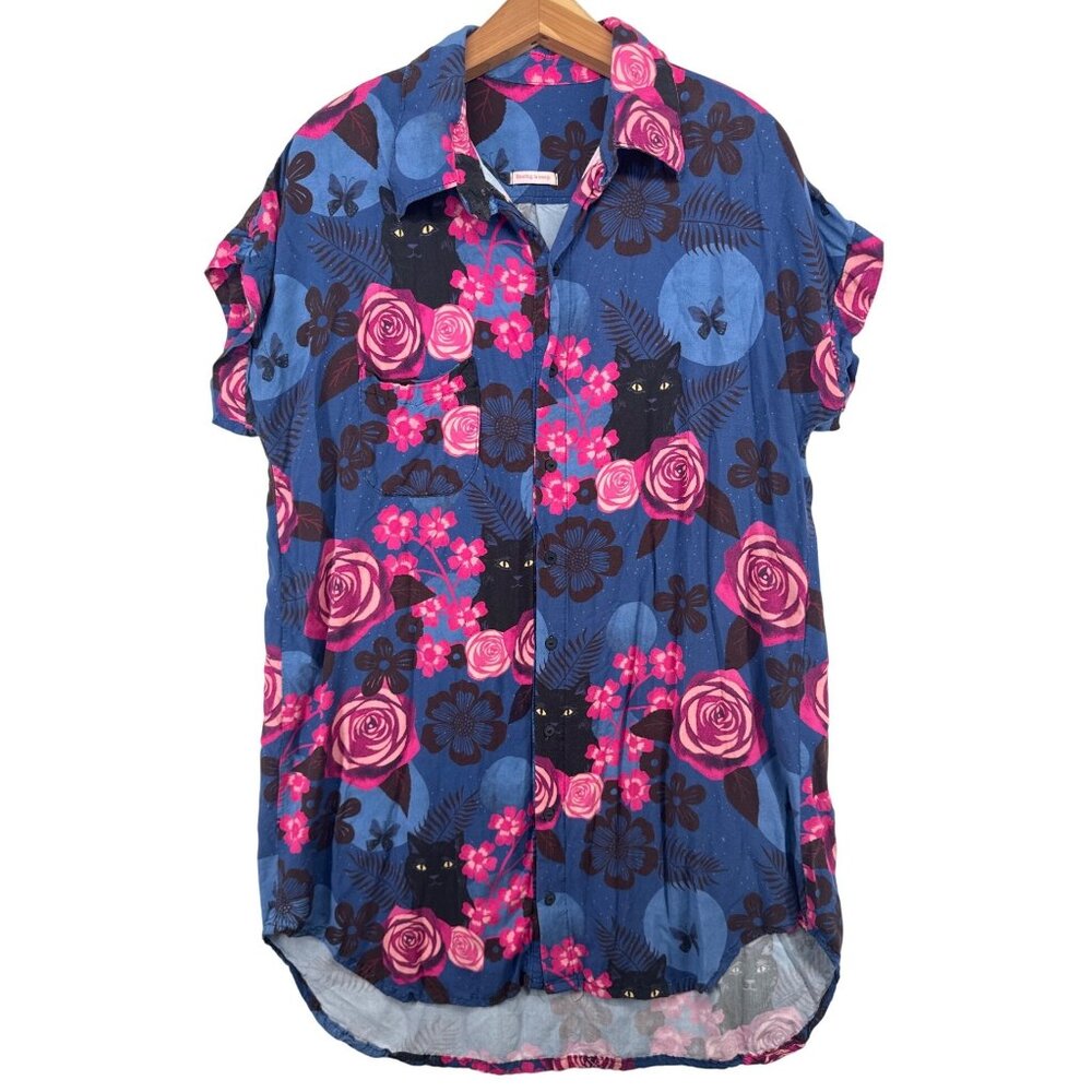 Handmade Shirt MiniDress L Cobalt Blue/Pink Floral Black Cat ButtonUp Tunic OOAK